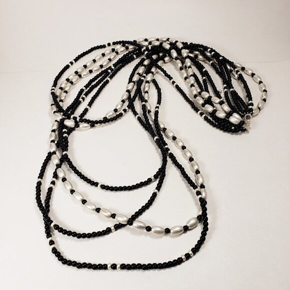 Women's Silver Tone, Various sizes of Black & silver Layered Beaded Necklace - Picture 3 of 8